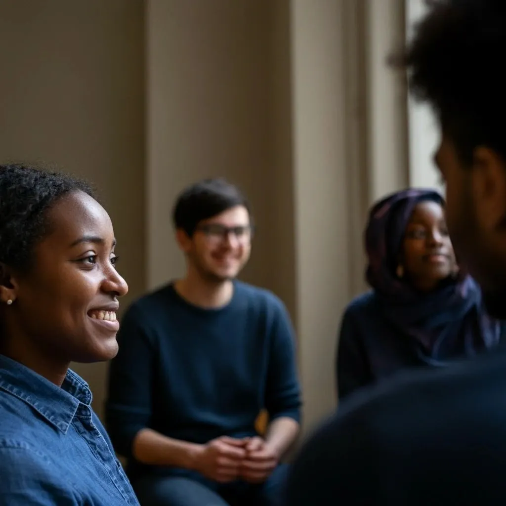 Smiling adult learners sitting together and talking