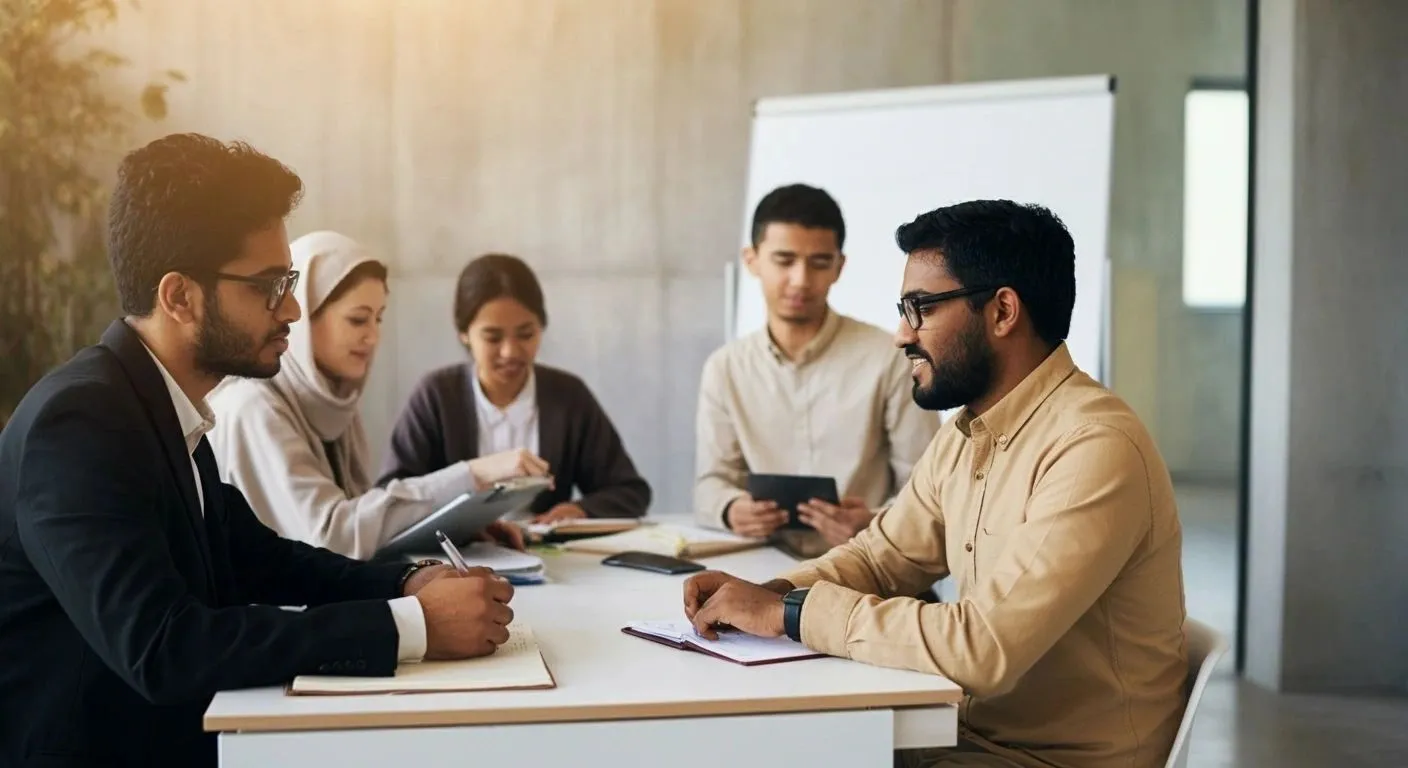 Adults learning together in a classroom